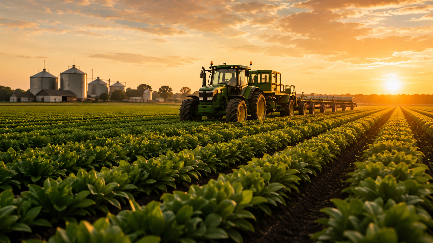 Agricultural field with tractor and crops at sunset