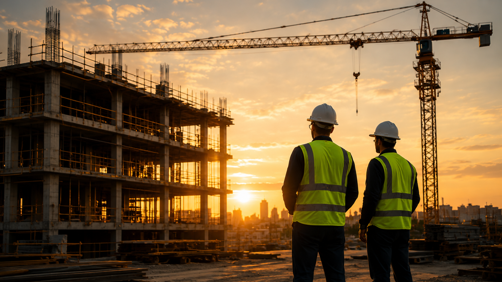 Construction site with workers, crane, and building structure at sunset
