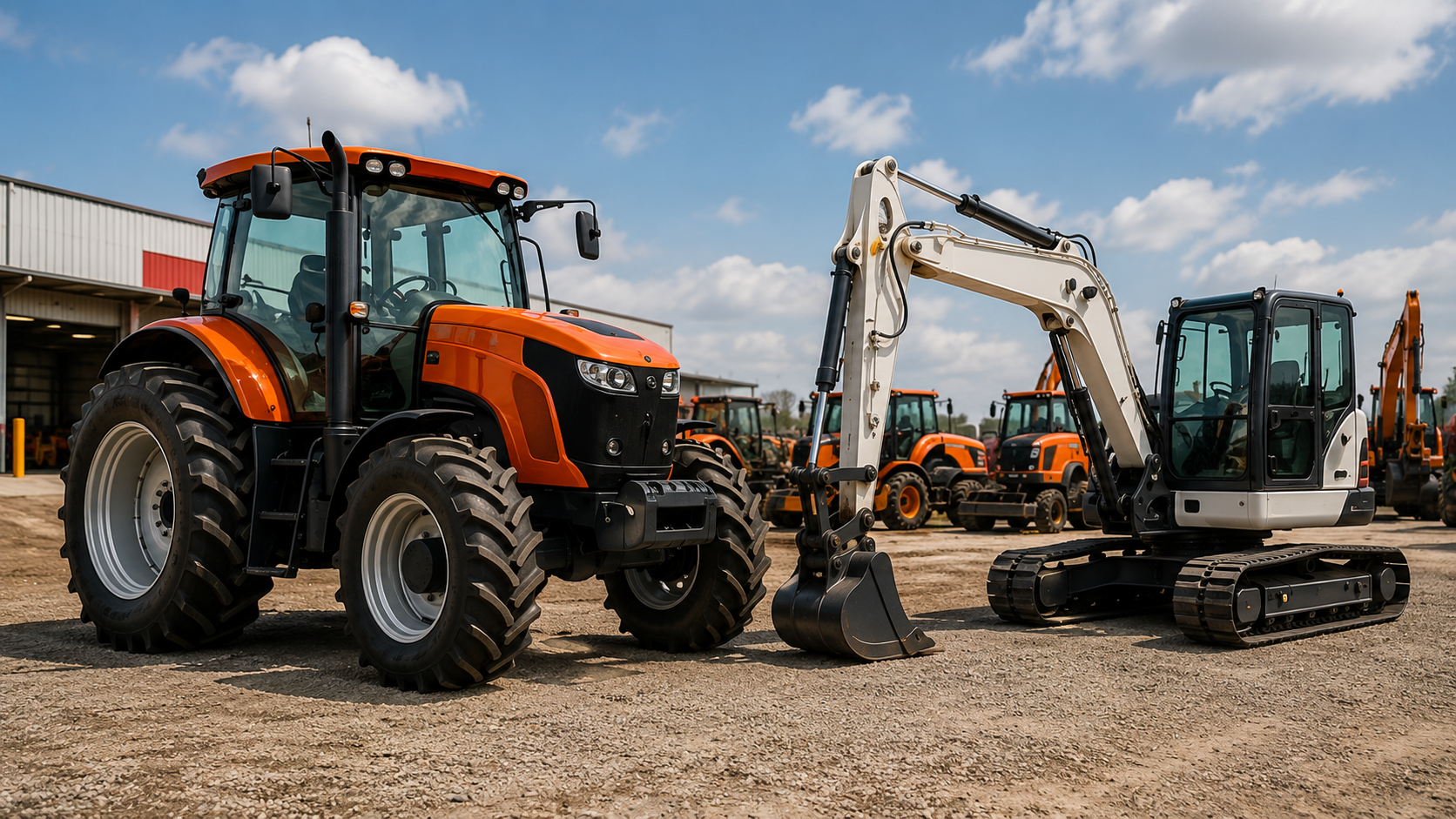 Agricultural tractor and construction equipment at an equipment dealership