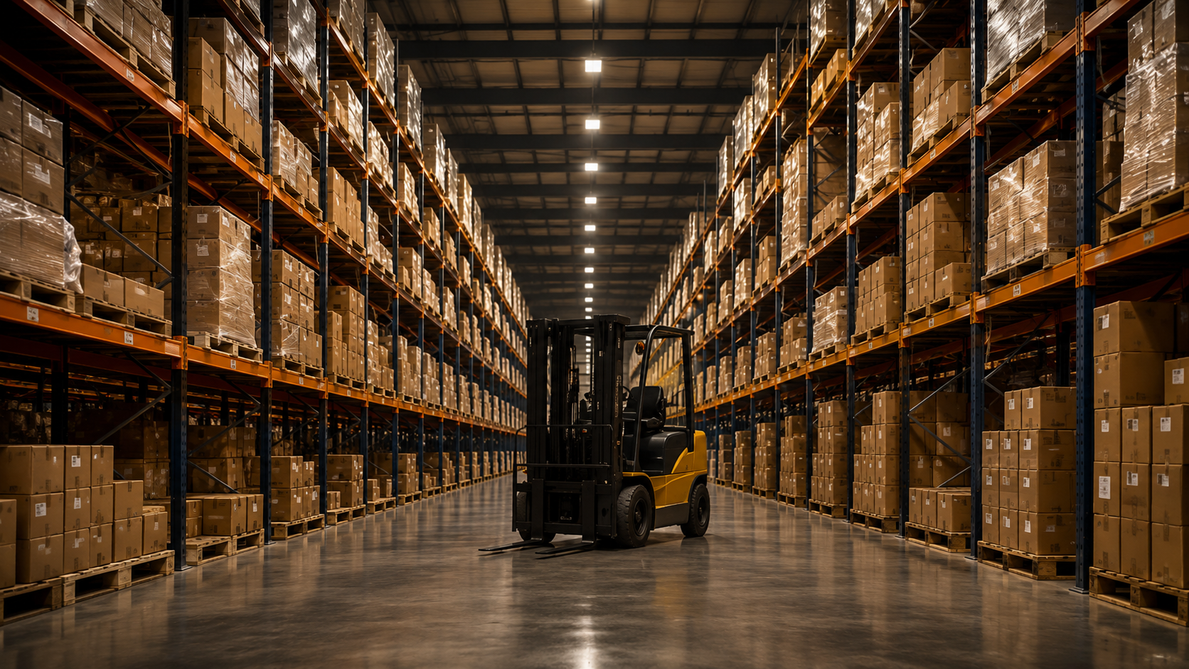 Warehouse distribution center with forklift and stacked inventory