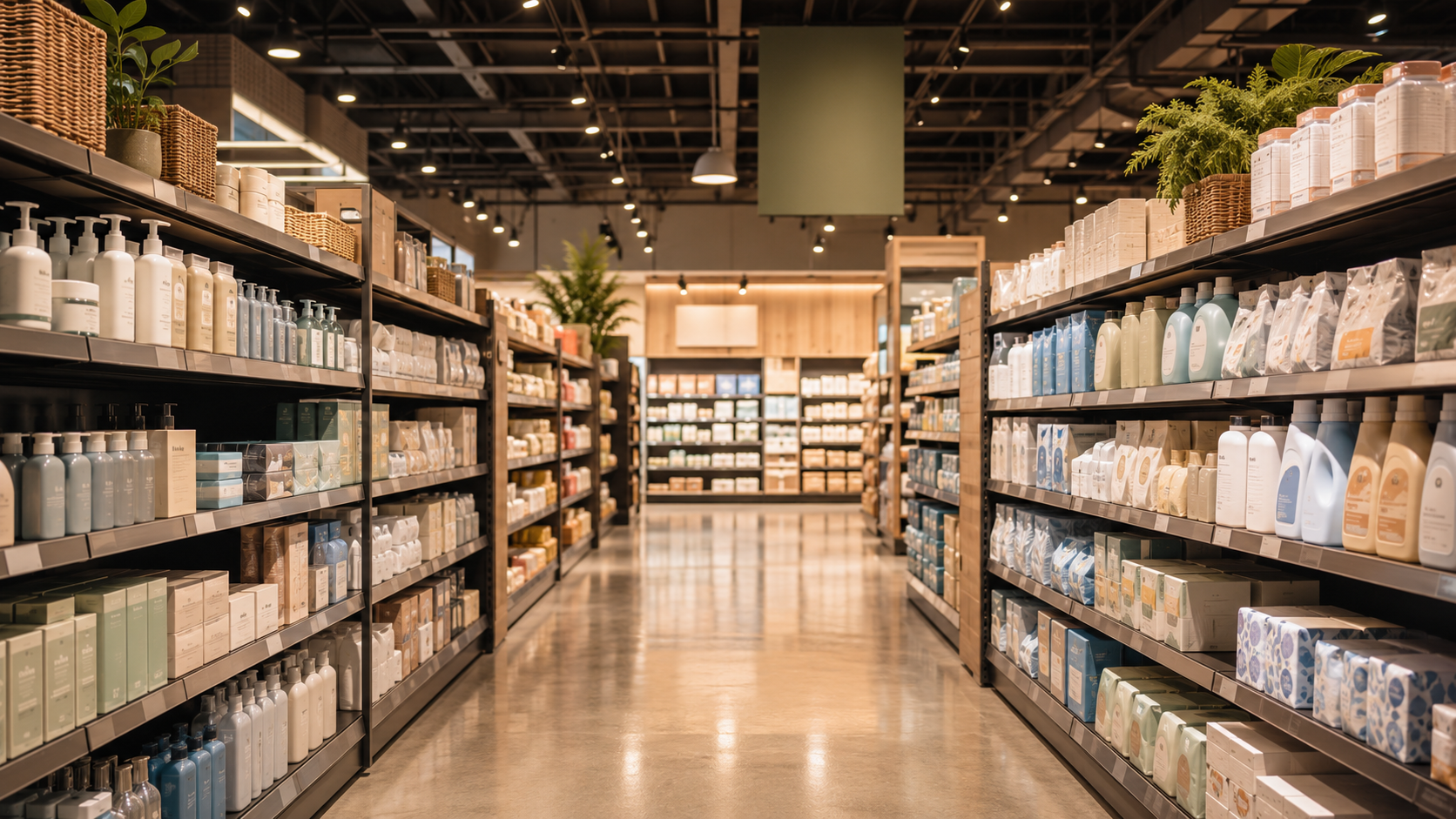 Retail shelves stocked with consumer products